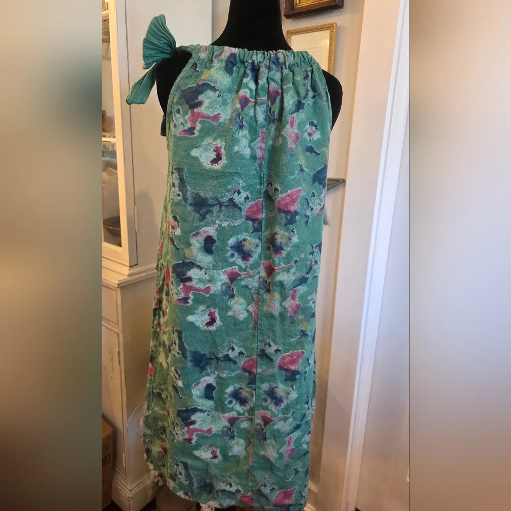 BELLAMBRA‎ Art To Wear Abstract Floral 100% Linen Halter-style Dress Size Small